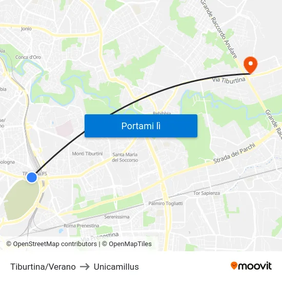 Tiburtina/Verano to Unicamillus map