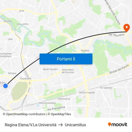 Regina Elena/V.Le Università to Unicamillus map