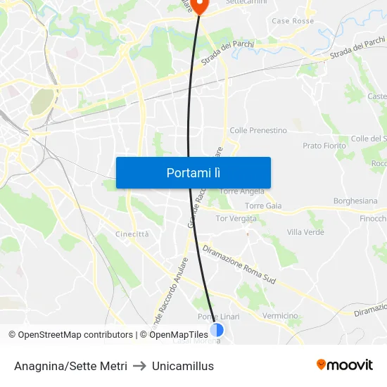 Anagnina/Sette Metri to Unicamillus map