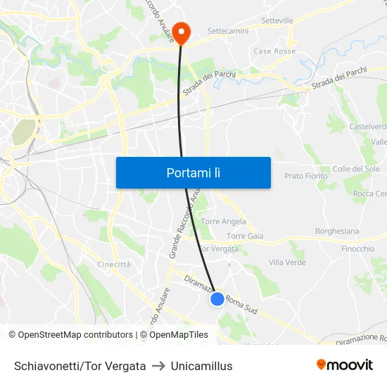 Schiavonetti/Tor Vergata to Unicamillus map