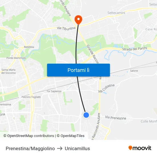 Prenestina/Maggiolino to Unicamillus map