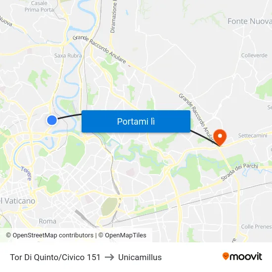 Tor Di Quinto/Civico 151 to Unicamillus map