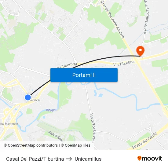 Casal De' Pazzi/Tiburtina to Unicamillus map