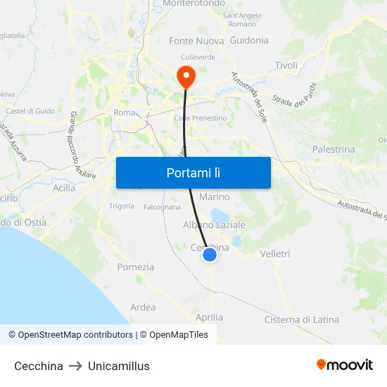 Cecchina to Unicamillus map