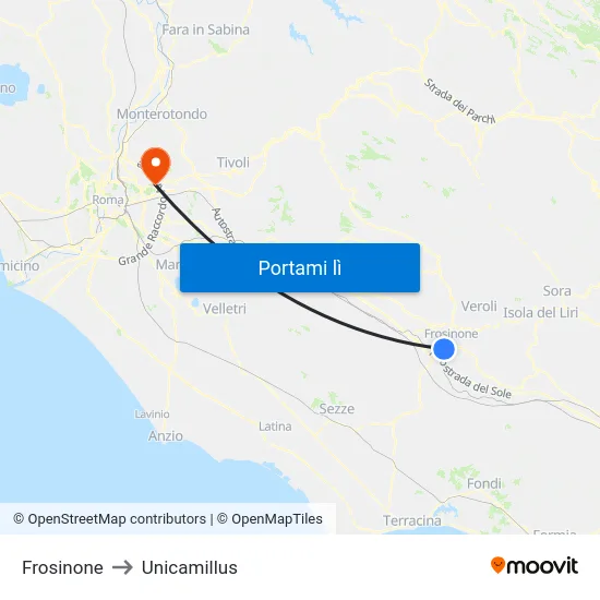 Frosinone to Unicamillus map