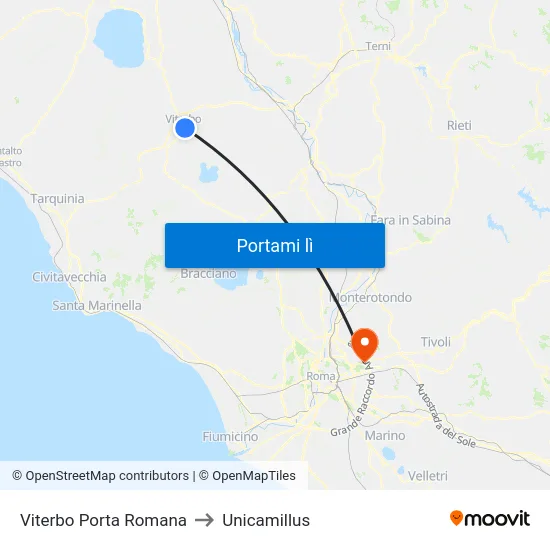 Viterbo Porta Romana to Unicamillus map