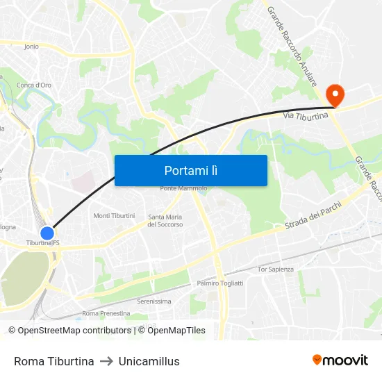 Roma Tiburtina to Unicamillus map