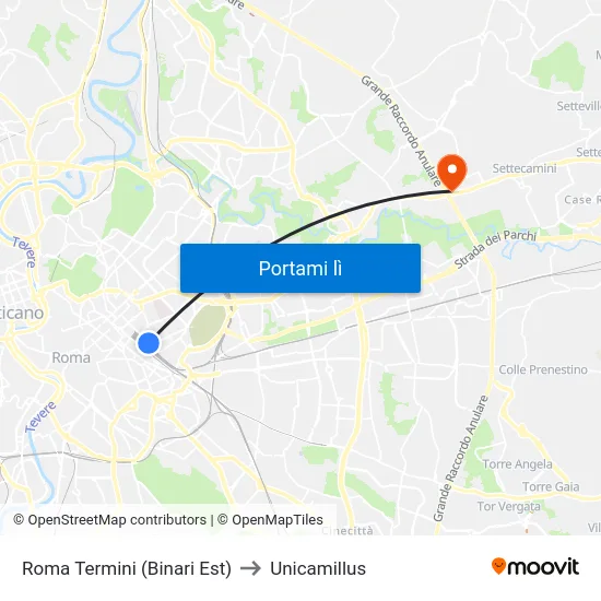 Roma Termini (Binari Est) to Unicamillus map