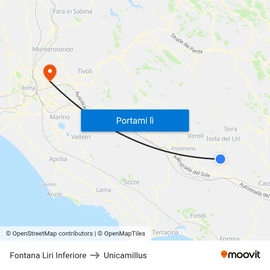 Fontana Liri Inferiore to Unicamillus map