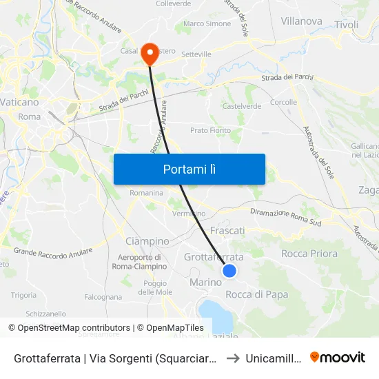 Grottaferrata | Via Sorgenti (Squarciarelli) to Unicamillus map