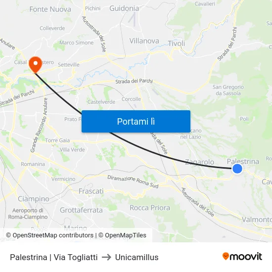Palestrina | Via Togliatti to Unicamillus map