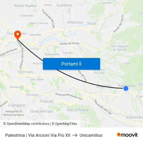 Palestrina | Via Arcioni Via Pio XII to Unicamillus map