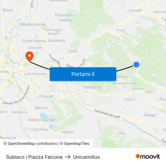 Subiaco | Piazza Falcone to Unicamillus map