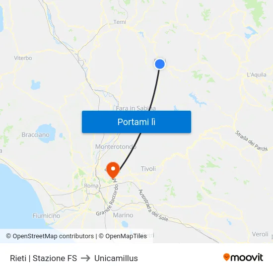 Rieti | Stazione FS to Unicamillus map