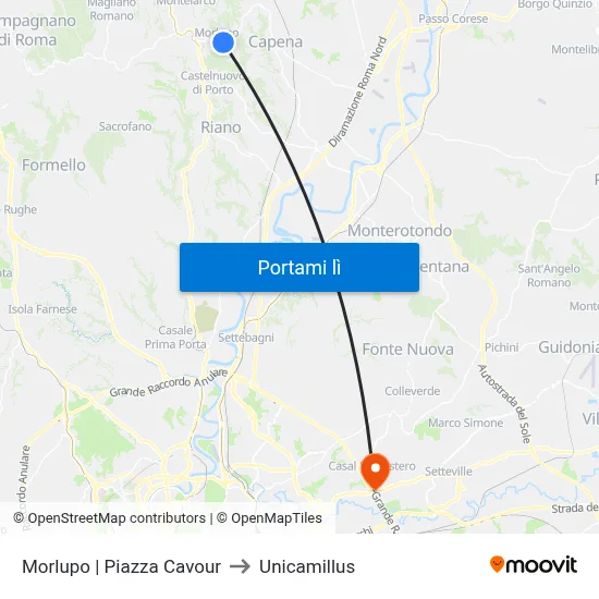 Morlupo | Piazza Cavour to Unicamillus map