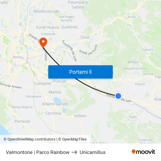 Valmontone | Parco Rainbow to Unicamillus map
