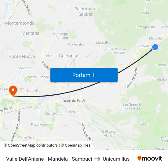 Valle Dell'Aniene - Mandela - Sambuci to Unicamillus map