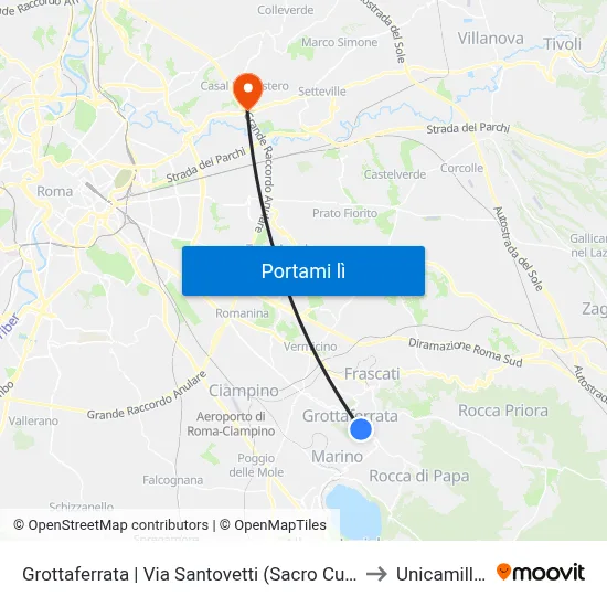 Grottaferrata | Via Santovetti (Sacro Cuore) to Unicamillus map