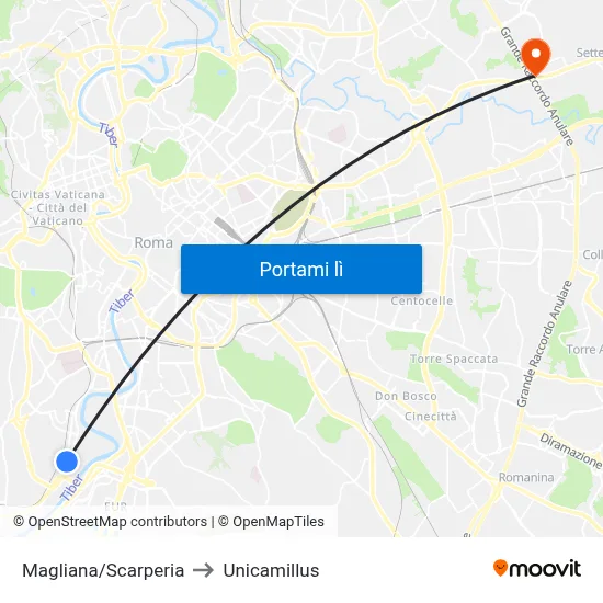 Magliana/Scarperia to Unicamillus map