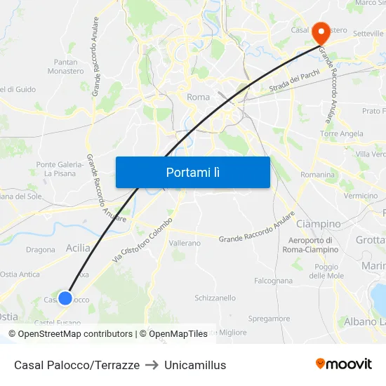 Casal Palocco/Terrazze to Unicamillus map