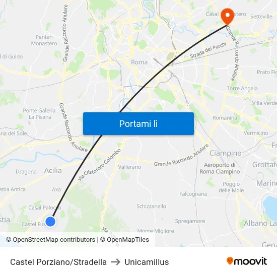 Castel Porziano/Stradella to Unicamillus map
