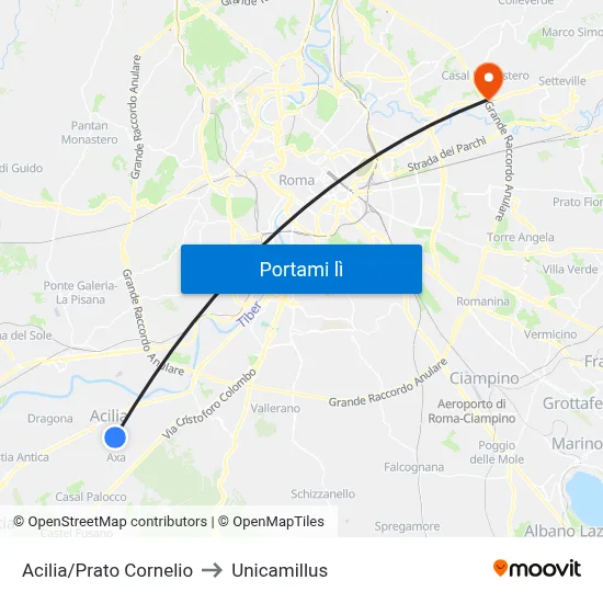 Acilia/Prato Cornelio to Unicamillus map
