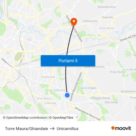 Torre Maura/Ghiandaie to Unicamillus map