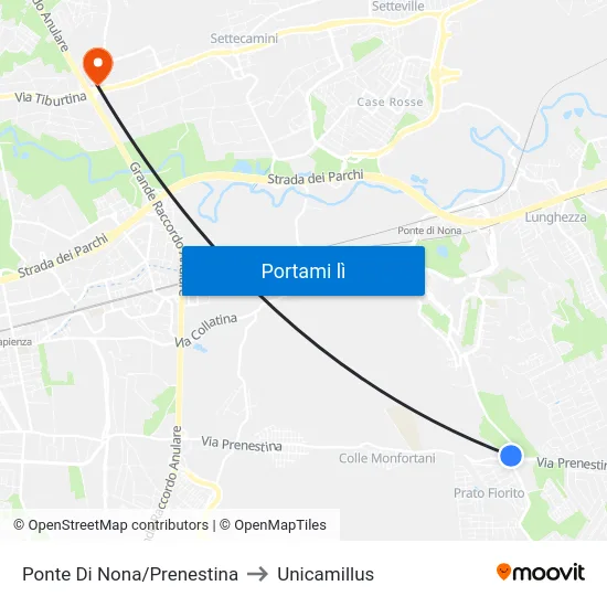 Ponte Di Nona/Prenestina to Unicamillus map