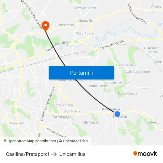 Casilina/Prataporci to Unicamillus map