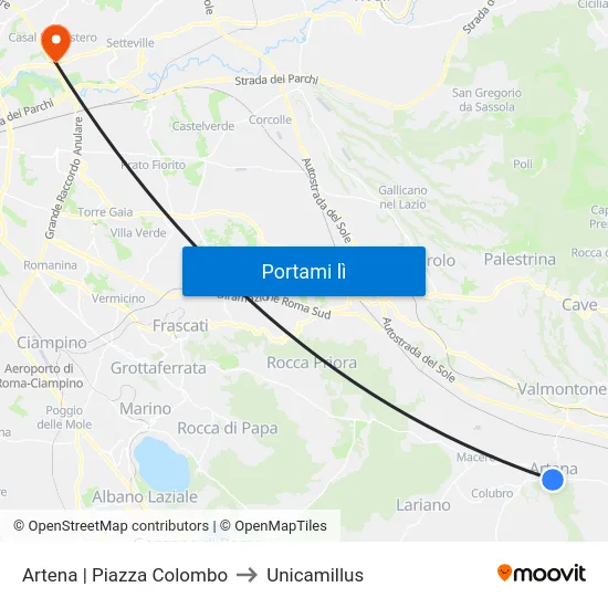 Artena | Piazza Colombo to Unicamillus map