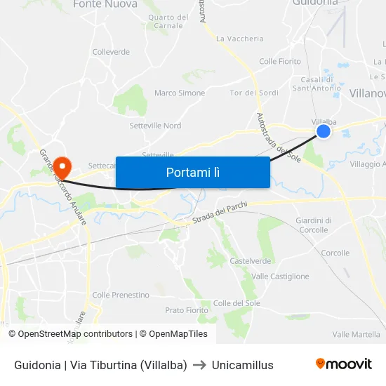 Guidonia | Via Tiburtina (Villalba) to Unicamillus map