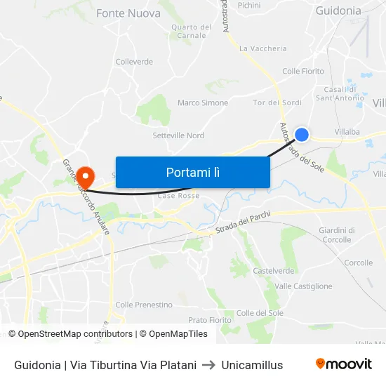 Guidonia | Via Tiburtina Via Platani to Unicamillus map