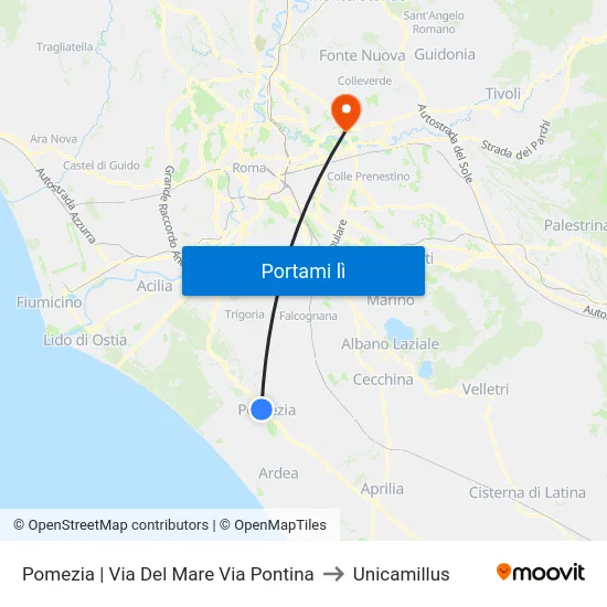 Pomezia | Via Del Mare Via Pontina to Unicamillus map