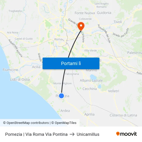 Pomezia | Via Roma Via Pontina to Unicamillus map