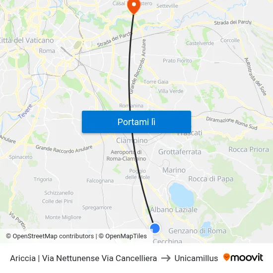 Ariccia | Via Nettunense Via Cancelliera to Unicamillus map