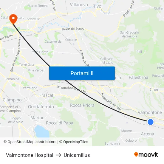 Valmontone Hospital to Unicamillus map
