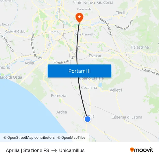 Aprilia | Stazione FS to Unicamillus map