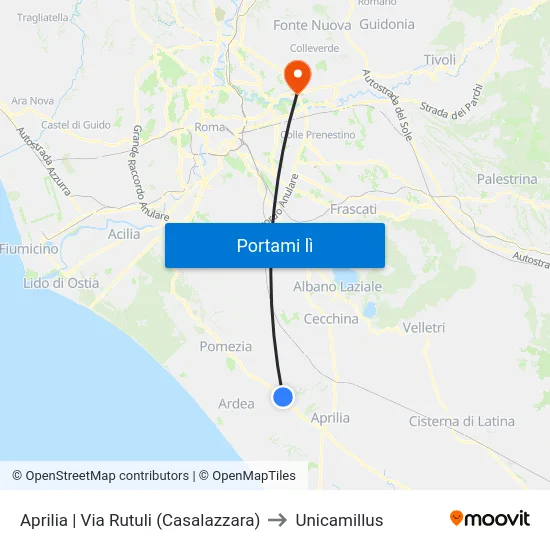 Aprilia | Via Rutuli (Casalazzara) to Unicamillus map