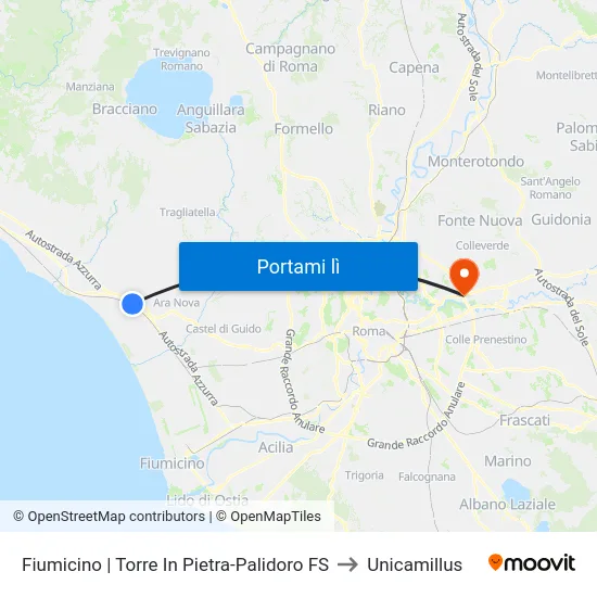Fiumicino | Torre In Pietra-Palidoro FS to Unicamillus map