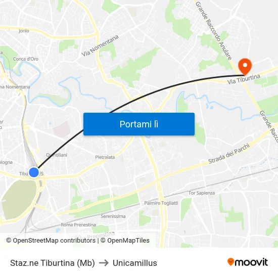 Staz.ne Tiburtina (Mb) to Unicamillus map