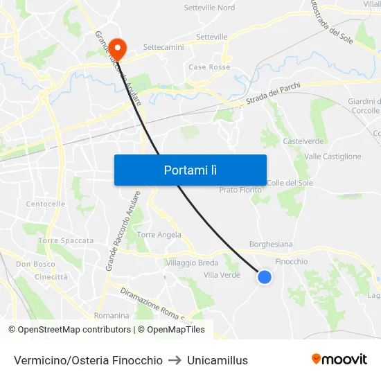 Vermicino/Osteria Finocchio to Unicamillus map