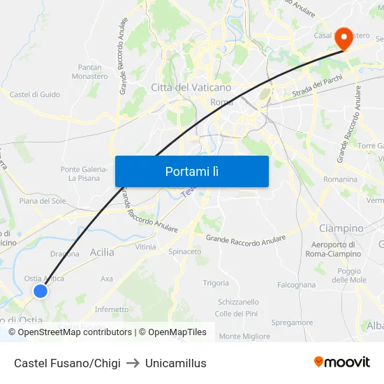 Castel Fusano/Chigi to Unicamillus map