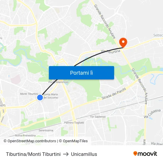 Tiburtina/Monti Tiburtini to Unicamillus map
