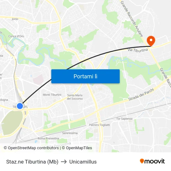 Staz.ne Tiburtina (Mb) to Unicamillus map