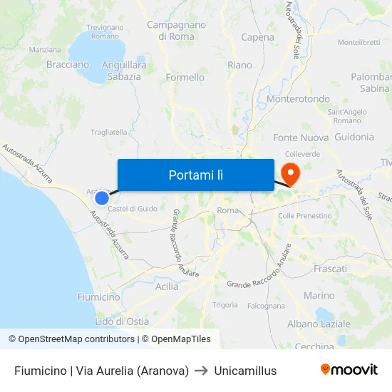 Fiumicino | Via Aurelia (Aranova) to Unicamillus map
