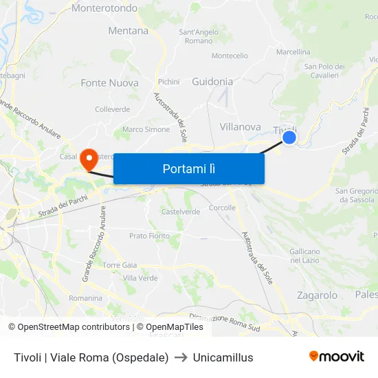 Tivoli | Viale Roma (Ospedale) to Unicamillus map