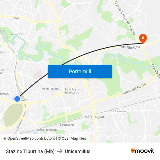 Staz.ne Tiburtina (Mb) to Unicamillus map