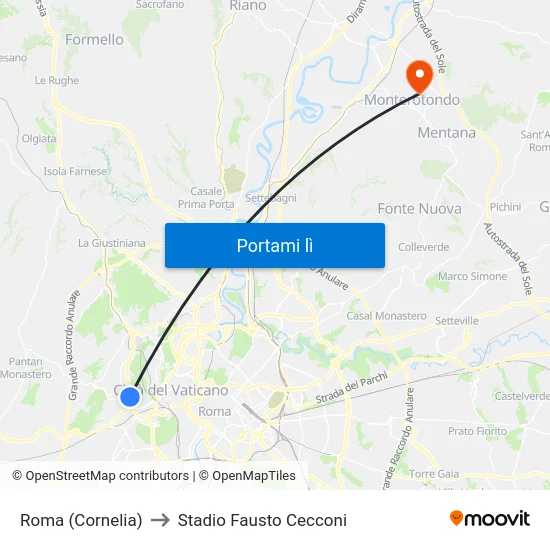 Roma (Cornelia) to Stadio Fausto Cecconi map