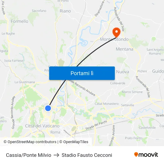 Cassia/Ponte Milvio to Stadio Fausto Cecconi map