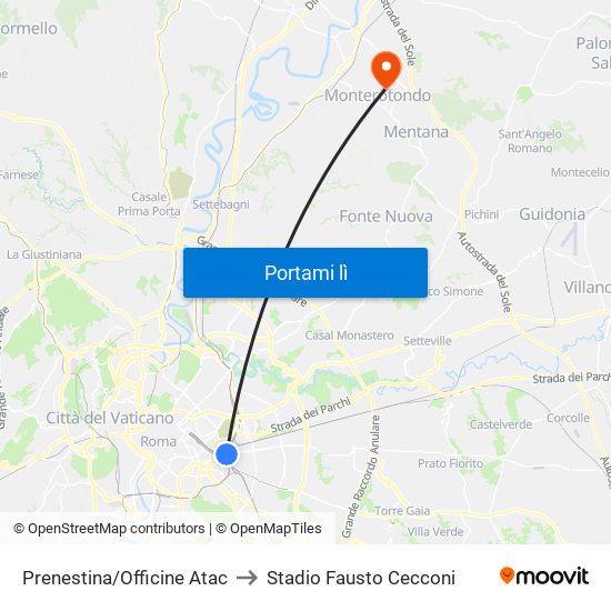 Prenestina/Officine Atac to Stadio Fausto Cecconi map